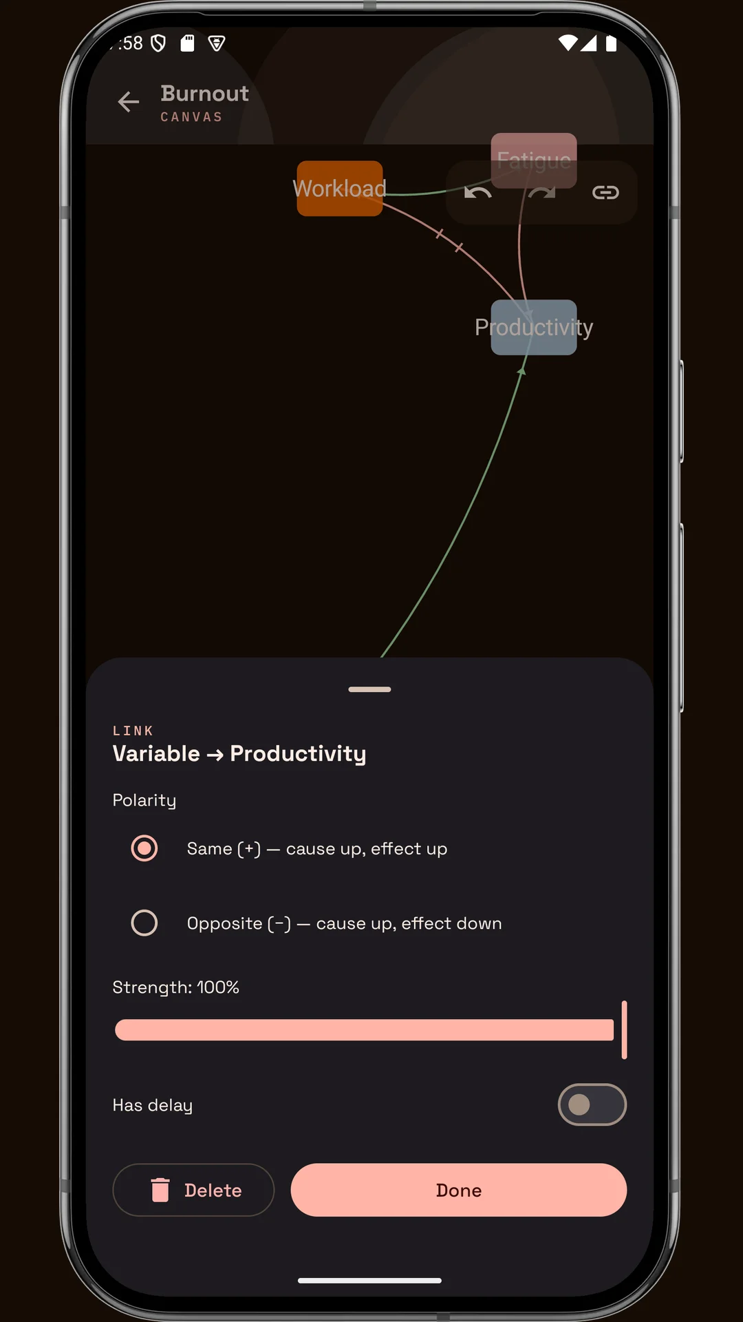 Link editor for polarity, strength and delay
